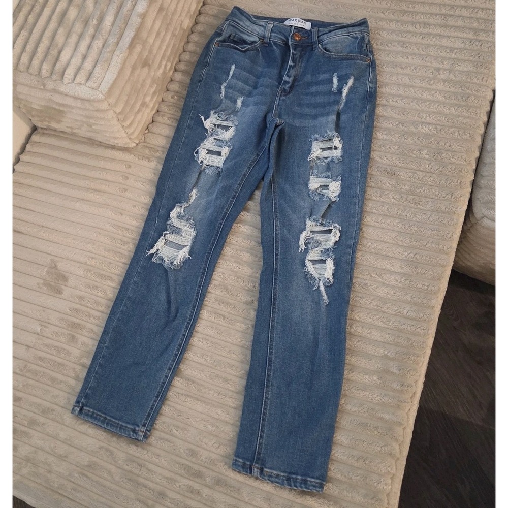 Wax Jean Collection Distressed Skinny Jeans Blue Medium Wash 0/24 Ripped Knees